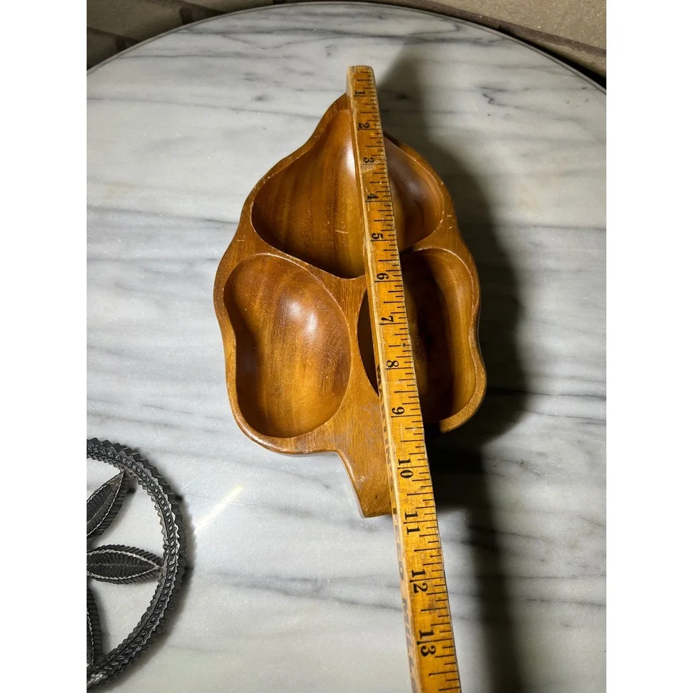 Vintage Hand Carved Wooden Leaf Serving Tray Divided 3 Section Nut Dish Brown